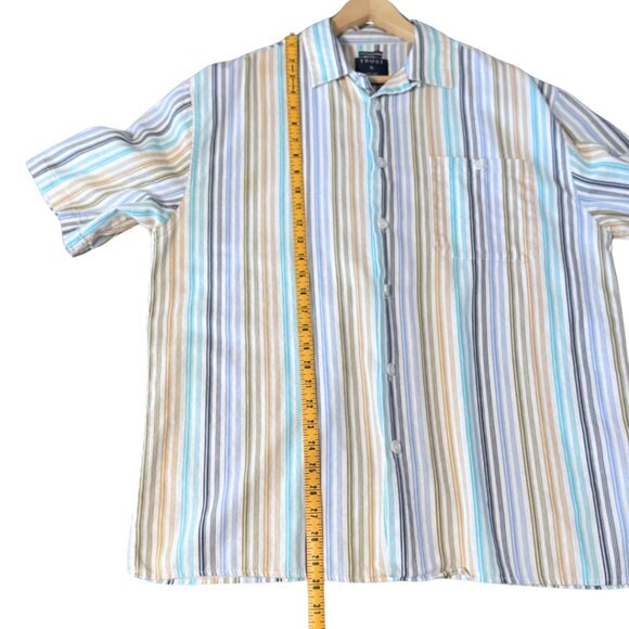 Trust Mens Shirt Size XL Linen Blend Button Up Blue Striped Short Sleeve Preppy - Picture 10 of 10